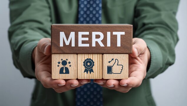 Business person holding wooden blocks sees the text MERIT. Merit Business and achievement concept. Demerit and merit evaluation, advantage and disadvantage in comparison. businessman holding a sign