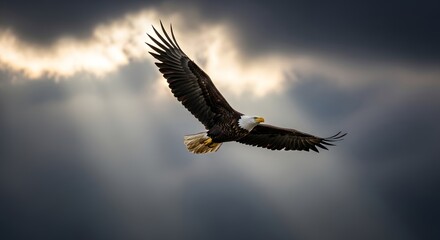 Obraz premium Majestic bald eagle in flight against dramatic cloudy sky, wildlife