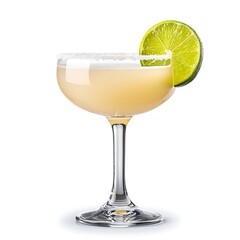 Refreshing Lime Margarita in Elegant Coupe Glass with Salt Rim on White Background