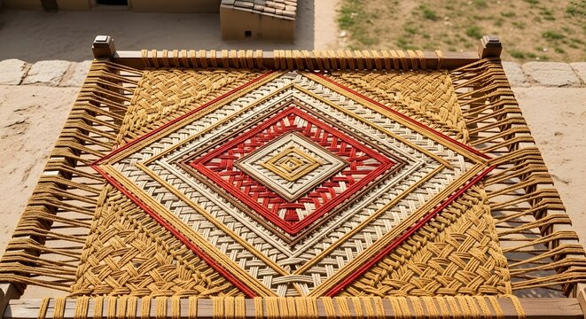 Authentic Hand-Woven Traditional Bed Showcasing Intricate Geometric Diamond Pattern and Rustic Cultural Craftsmanship in Natural Fibers