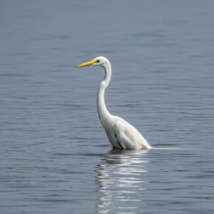 Obraz premium Great Egret Standing in Water with a Yellow Beak.