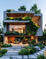 Fototapeta premium Modern Concrete House with Lush Greenery and Rooftop Garden.
