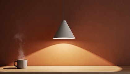 Minimalist desk setup with a steaming cup of coffee and an illuminated pendant lamp against a warm brown wall