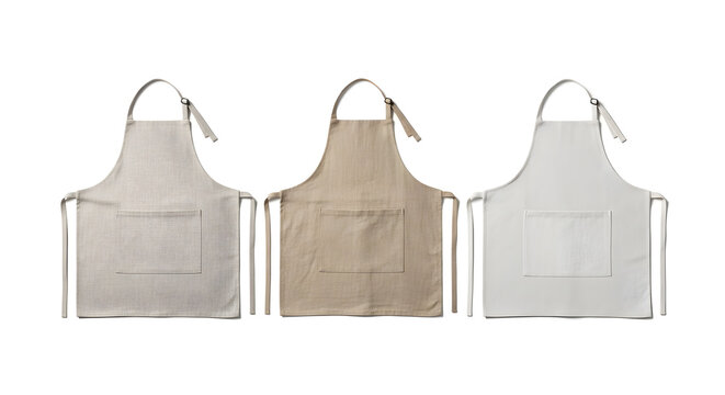 Set of three stylish kitchen aprons in natural tones and a patterned design, isolated on white.