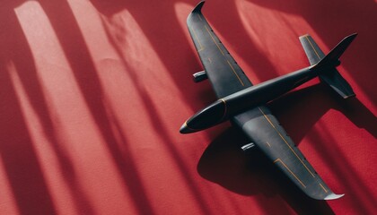 Dark gray model airplane resting on a textured red surface with dramatic shadows.