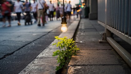 Glowing light bulb hanging above a small green plant growing through cracks on a city sidewalk with blurred people.