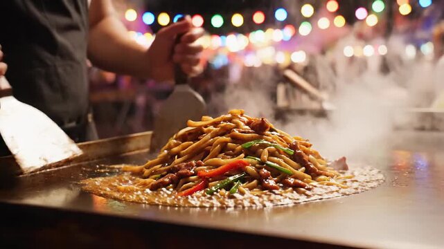 Street food chef cooking delicious noodles with meat and vegetables on a hot griddle