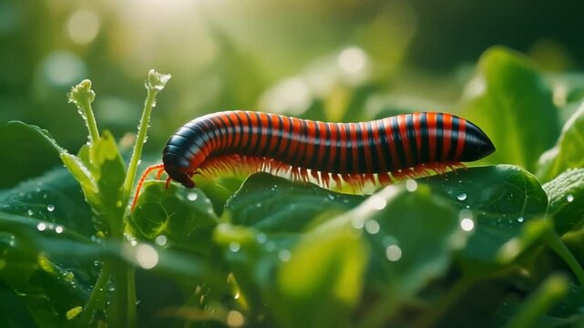 Black and red striped millipede crawling on green leaves in vivid close-up composition with blurred background.