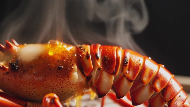 Steaming lobster tail with melted butter drizzling over vibrant red-orange shell on a serving plate.