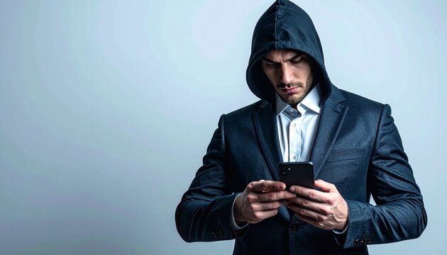 Mysterious Man in Hooded Suit Using Smartphone, Engaged in Digital Activity.