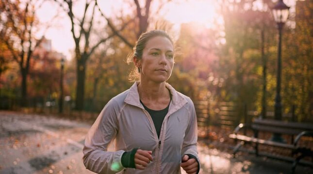 Woman Jogging Through Central Park at Sunrise