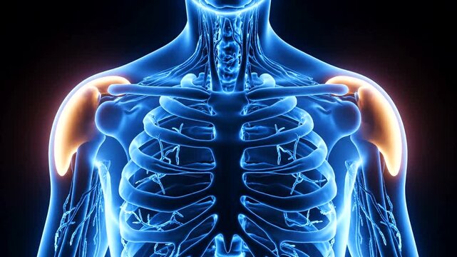 Human Skeleton with Shoulder Pain Illustration.