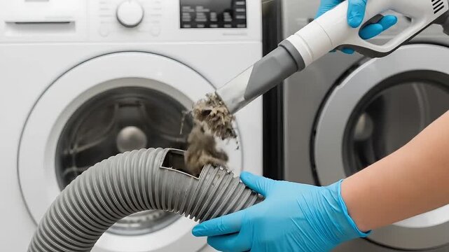 Cleaning dryer vent with vacuum cleaner and blue gloves in front of washing machines