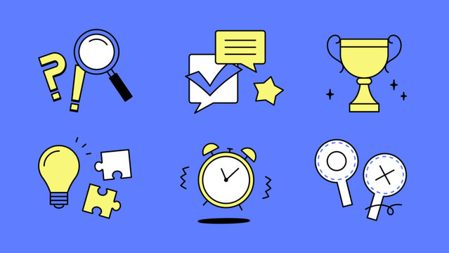 Quiz Game Icon Set &ndash; Question, Trophy, Puzzle, Timer and Idea Flat Line Illustration