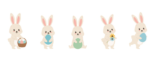Naklejka premium Cute cartoon Easter bunny rabbit set holding colorful eggs basket and spring flowers