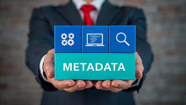 Businessman holding styrofoam blocks sees word: METADATA. Concept of metadata web program coding. SEO Meta Data Optimization technology. businessman holding a virtual button