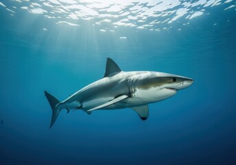 Obraz premium Great White Shark Swimming in the Ocean Depths.