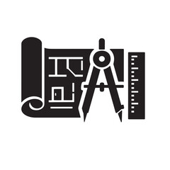 Black and white of a compass and ruler on a blueprint architecture engineering desig