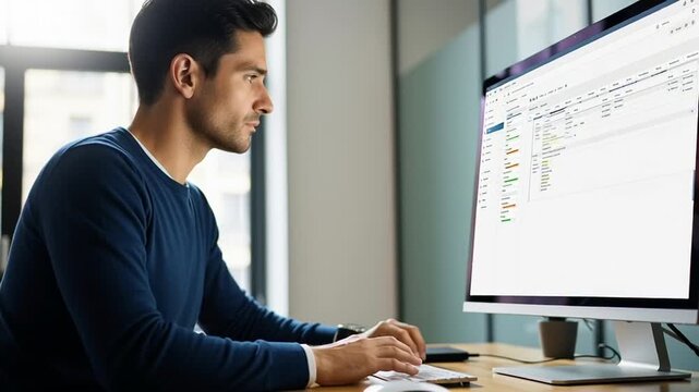 Man Working on Computer in Office Setting.