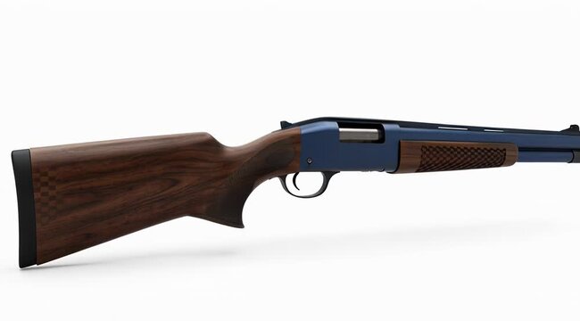 Classic Pump Action Shotgun with Wooden Stock Isolated on White Background