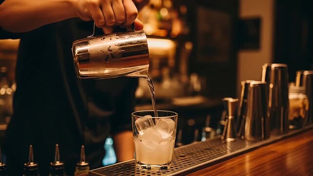 Bartender pouring cocktail into glass with ice on bar