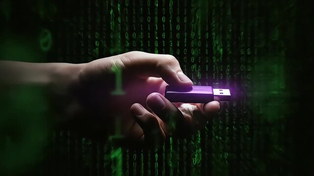 Hand holding a glowing USB drive against a background of green digital code, representing data transfer and cybersecurity.
