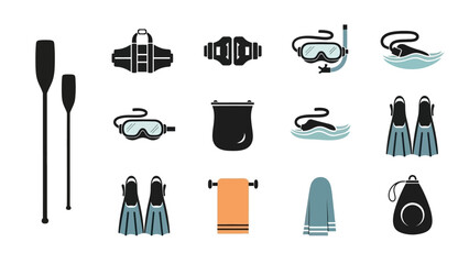 Collection of Water Sports Equipment Icons Featuring Snorkeling Gear and Accessories © Vector Magic