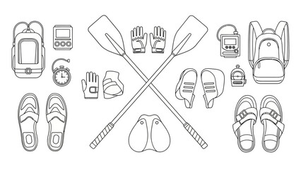 Fototapeta premium Outdoor adventure equipment arranged around crossed paddles in a symmetrical composition showcasing various gear for water sports and travel.
