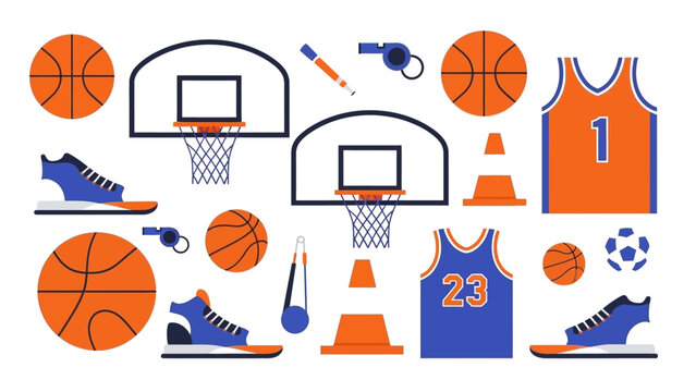 Assorted basketball elements including hoops, balls, jerseys, and shoes arranged in a graphic illustration on a plain background from a straightforward viewpoint.