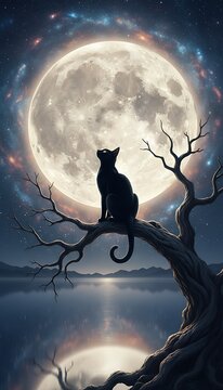 Mystical depiction of a black feline gazing at the radiant full moon from a bare tree