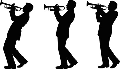 Trumpet player silhouette collection showing jazz musicians performing live, black vector brass instrument figures for music concerts, jazz festivals, entertainment posters,  © Goutom