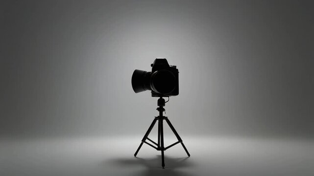 Professional camera on tripod in studio lighting.