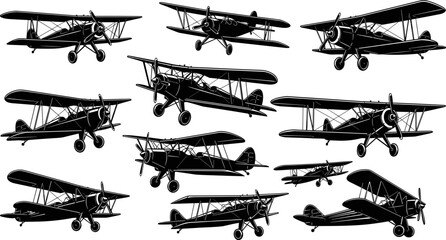 Vintage biplane aircraft silhouettes set, classic propeller airplanes collection, retro aviation vector illustration isolated on white for design, posters, logos, and branding © Goutom