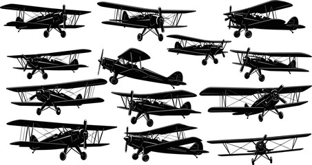 Vintage biplane aircraft silhouette collection featuring multiple angles and classic propeller airplanes for aviation history, retro flight design, military training concepts,  © Goutom