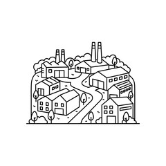 Naklejka premium Industrial Factory Landscape Illustration with Manufacturing Plants and Chimneys