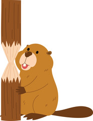 Cute brown beaver gnawing on a tree trunk to build a dam   illustration