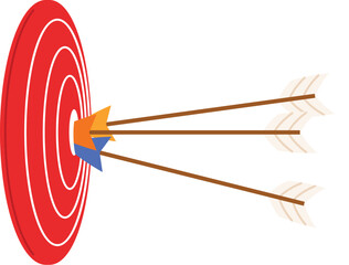Three arrows hit the target center, Arrow on the red dartboard illustration