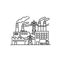 Obraz premium Industrial Factory with Smoke Emissions and Power Lines in City Environment