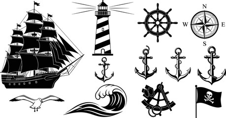 Vintage nautical illustration set featuring sailing ship, lighthouse, compass, anchors, pirate flag, ship wheel and ocean elements, isolated black silhouettes for maritime design projects © Goutom