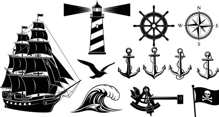 Vintage nautical silhouette collection with sailing ship, lighthouse, compass rose, anchors, ship wheel, waves and pirate flag, isolated maritime design elements for branding illustration © Goutom