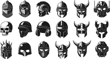 Warrior helmet illustration set featuring medieval, fantasy and sci-fi protective headgear designs, black vector armor icons collection isolated on white background for games and graphic design © Goutom
