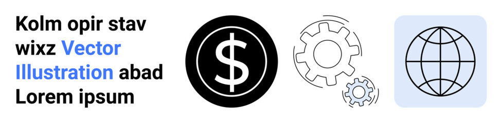 Obraz premium Global economy, technology development, business process, automation, finance, worldwide connection. Currency symbol, gears and globe illustration. Global economy and technology development concept