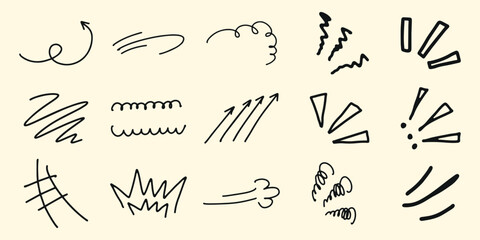 Set of hand-drawn arrows, lines, and doodles. Arrows and lines in various styles. Doodles add playful, artistic touch. Perfect for creative projects. Black hand drawn elements, vector set.