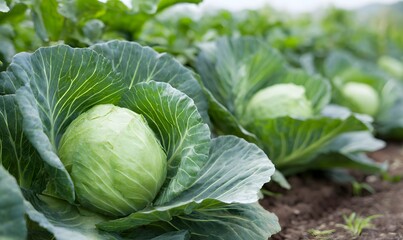Fototapeta premium fresh green cabbage heads growing in a field