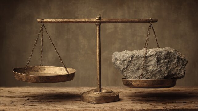 Antique brass balance scale with stone on one pan