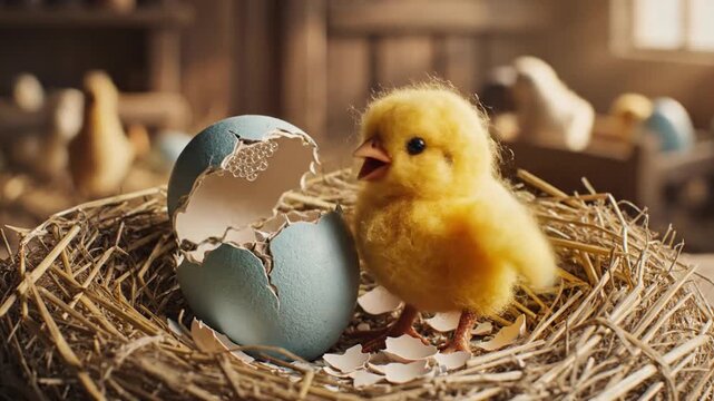 Charming chick hatching from egg farm interior ai generated art generative ai cozy environment close-up view