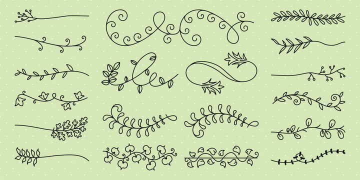 Vector set. Collection of decorative floral swirls and vines. Elegant floral designs with swirls and vines. Perfect for decorative projects needing floral accents. Hand drawn ornament vector set.