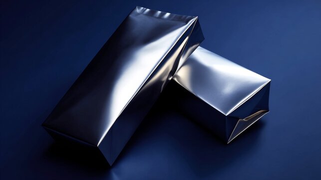 Two silver foil packages on a dark blue background