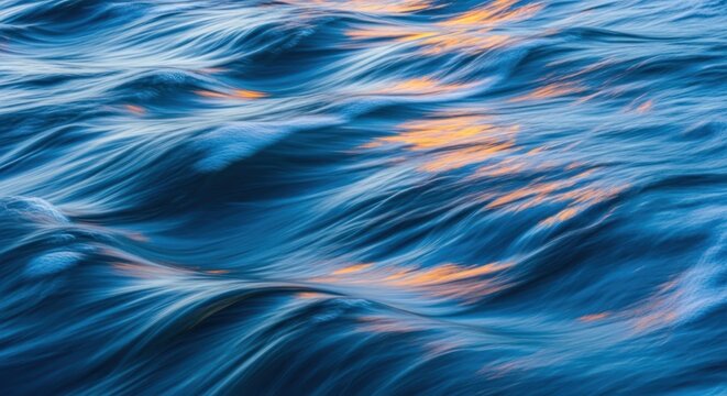 Abstract blue water waves with golden light reflections at sunset