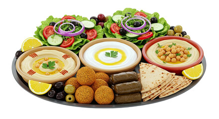 Middle Eastern Mezze Platter with Hummus, Falafel, and Salad